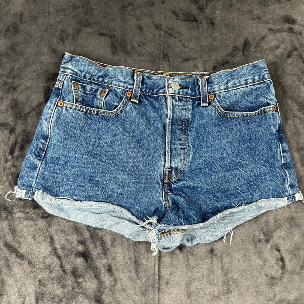 Levi's 501 Shorts Womens 29 Blue White Oak Cone Denim Selvedge Cut Off High Rise